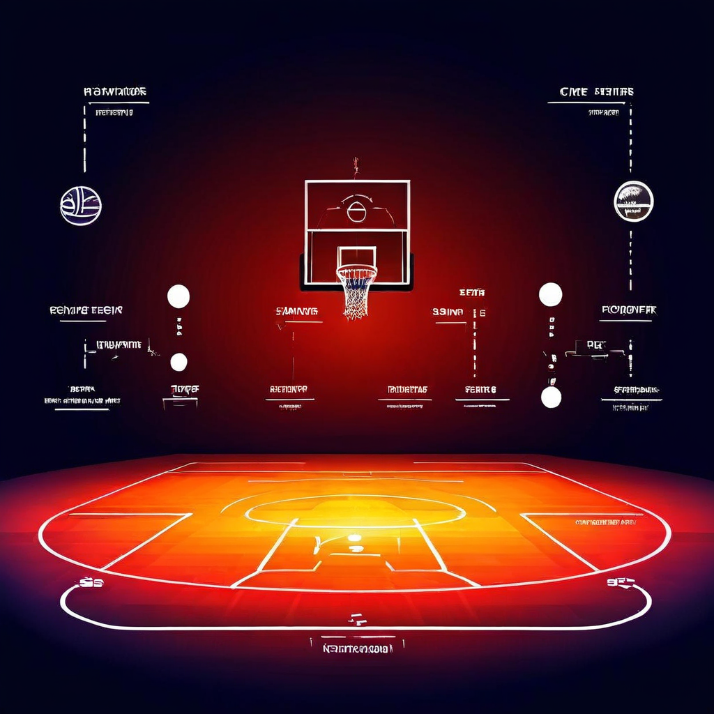 빛나는 다섯 개의 위치가 표시된 농구 코트 다이어그램으로 포인트 가드부터 센터까지 각 포지션이 명확하게 구분되어 있습니다.