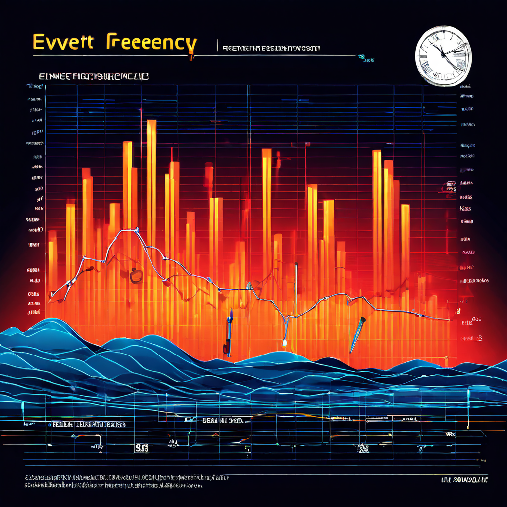 불규칙한 급등과 급락을 반복하는 이벤트 빈도 그래프가 시계 배경과 흩어진 물음표들 사이에서 예측 불가능한 사건 발생 패턴과 시간의 압박감을 시각적으로 표현하고 있습니다.