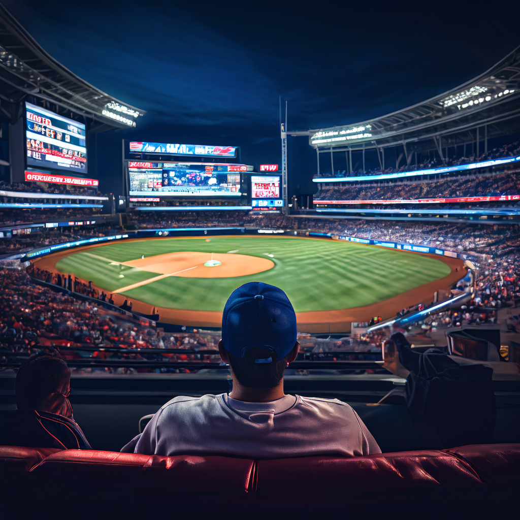 텔레비전으로 야구 중계를 보는 사람이 멀리 흐릿하게 보이는 스코어보드를 못 알아보고 찡그린 표정을 짓고 있다.