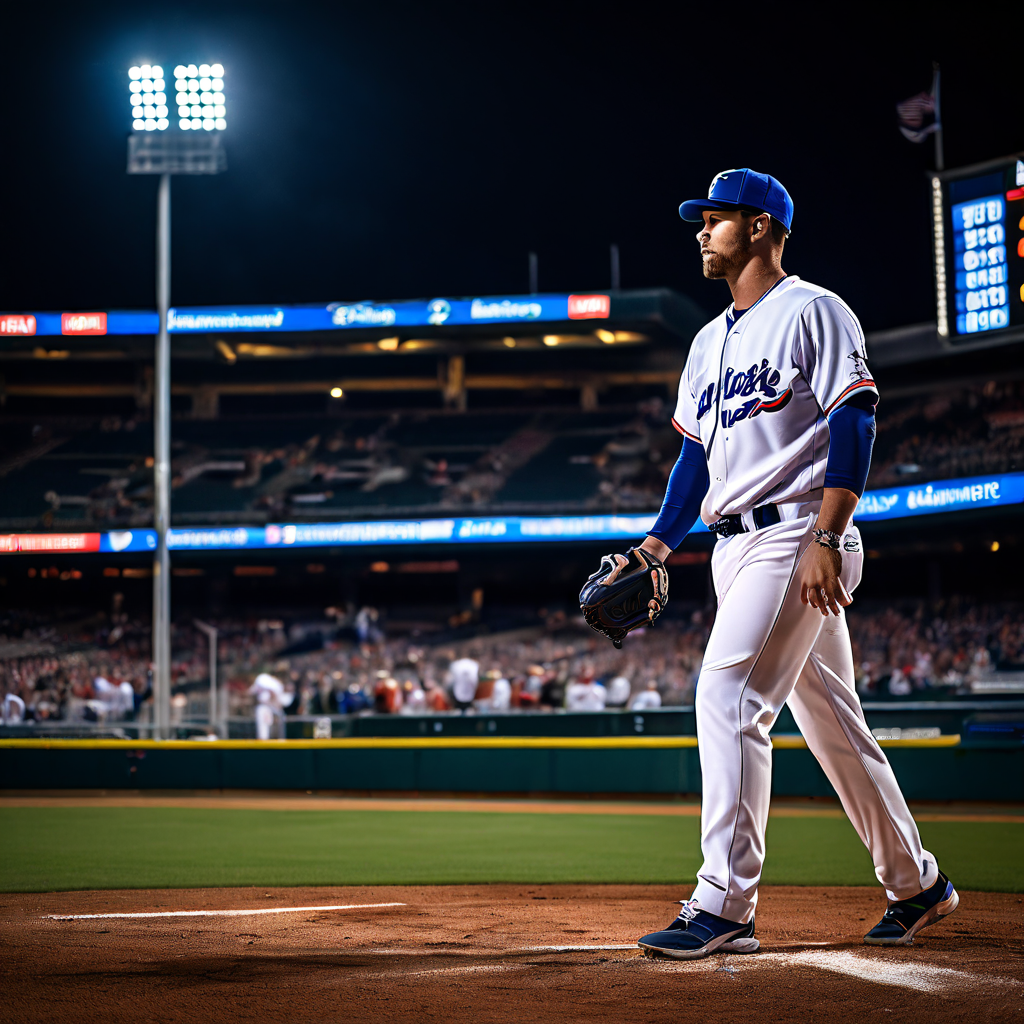 야구 투수가 마운드에 서 있고, 스코어보드에는 6이닝 동안 3점 이하의 자책점이 표시되어 퀄리티 스타트를 상징하는 모습이다.