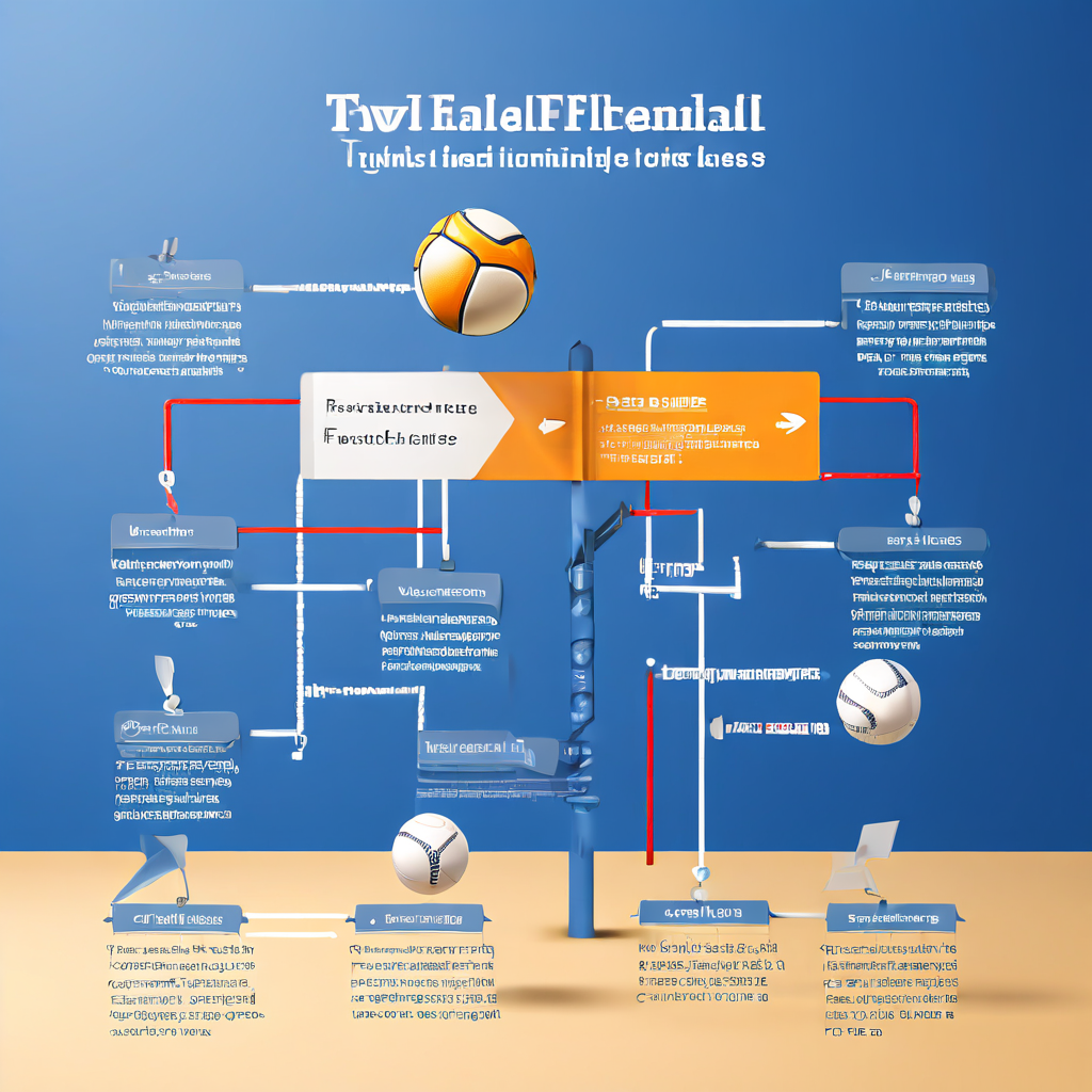 파란색과 주황색 화살표로 구성된 3D 플로우차트가 배구 규정을 분석하며 FIVB 기준과 대회별 규칙의 상충되는 조항을 강조하고 있습니다.