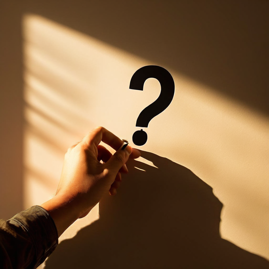 흰색 벽 앞에서 누군가의 손이 체크리스트 위에 망설이며 멈춰 있고, 그 그림자가 벽에 물음표 모양으로 드리워져 있습니다.