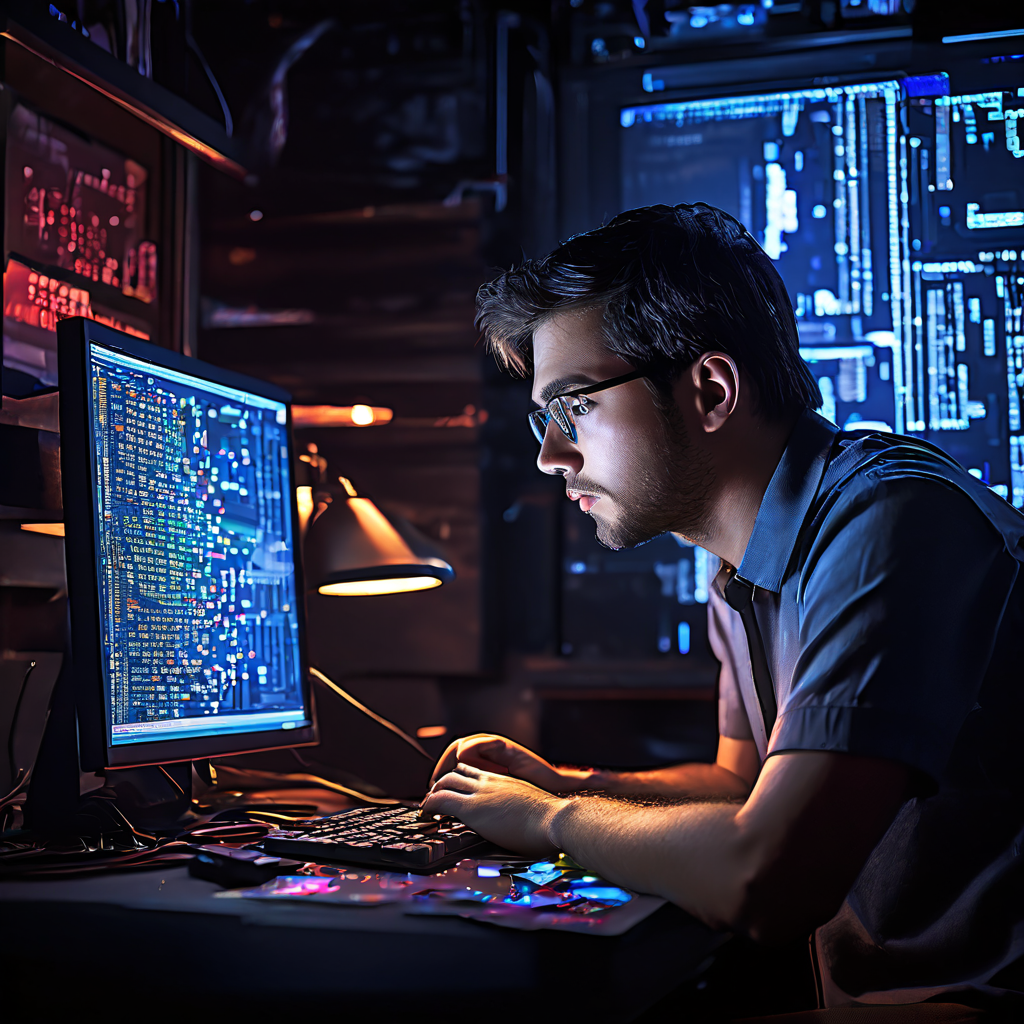 혼란스러운 표정의 IT 직원이 낡고 픽셀이 도드라진 관리자 패널 화면을 바라보고 있습니다.