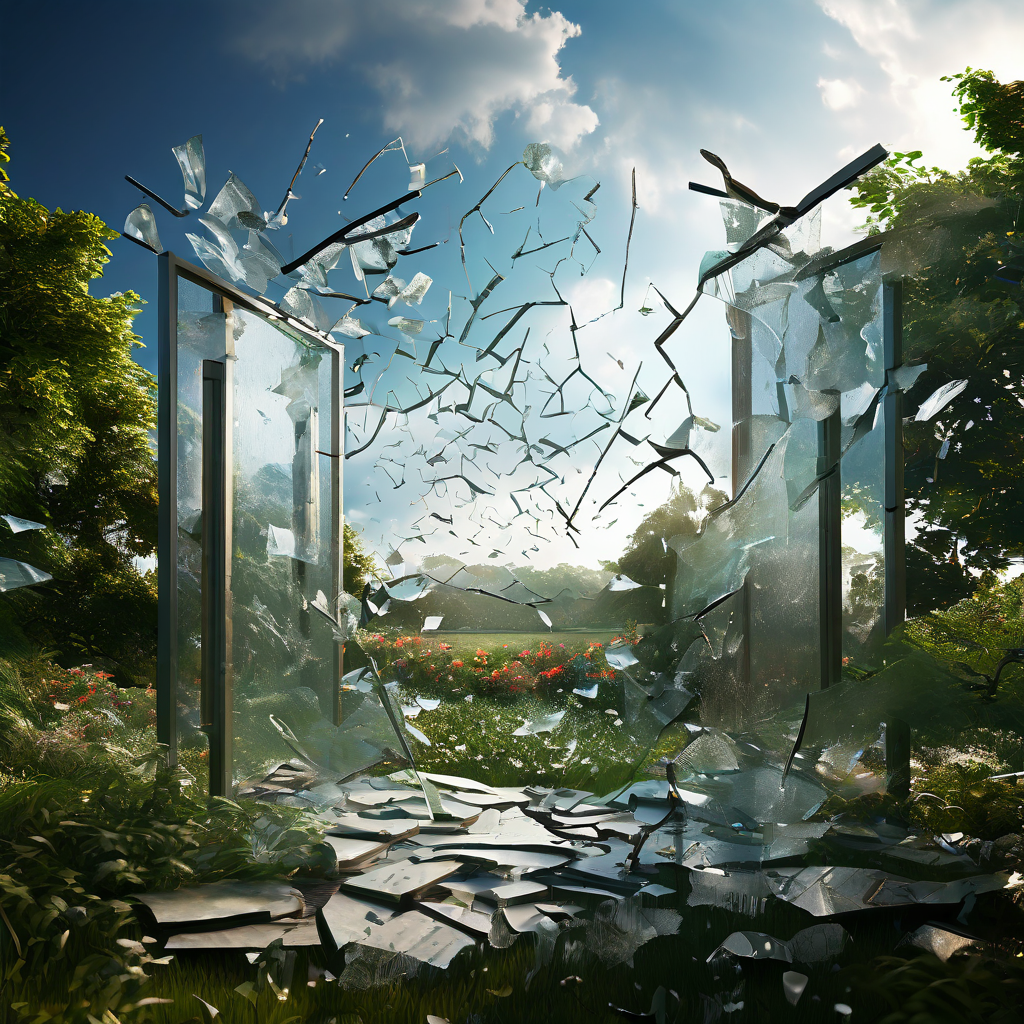 깨진 유리 벽이 한쪽은 폭풍의 혼란을, 다른 쪽은 평화로운 정원의 고요함을 가르고 있는 모습이다.