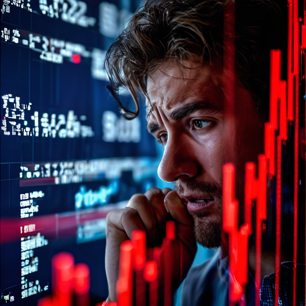 붉은색으로 곤두박질치는 주식 그래프 화면에 비친 고뇌에 찬 얼굴과 매도 버튼 위에서 망설이는 손이 보인다.
