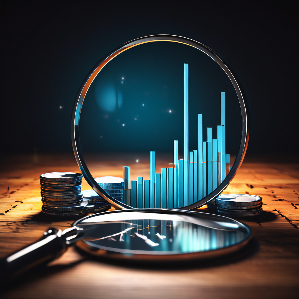 확대경 아래로 급격히 하락한 차트와 주변의 물음표, 아래쪽 화살표가 불안한 금융 상황을 보여줍니다.