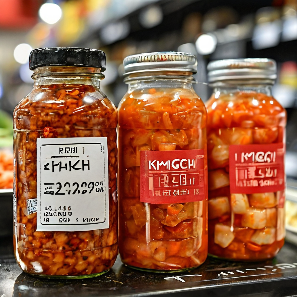 투명한 가격표에 '김치 프리미엄'이 적힌 옆에 일반 가격표가 있고, 체크 표시와 안도하는 표정의 구매자가 있는 모습이다.