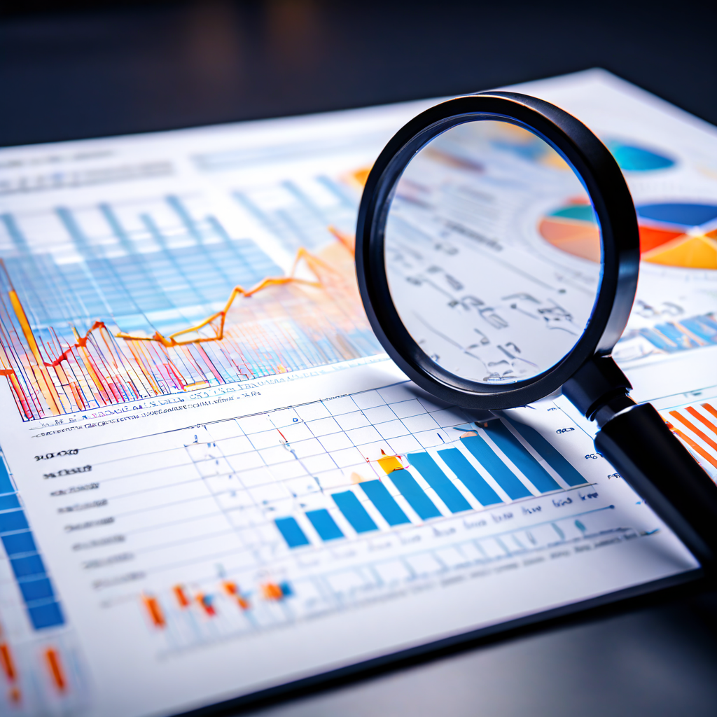 데이터 분석가가 차트와 그래프 위에 중첩된 분석 화살표와 기술 다이어그램을 확대경으로 집중적으로 살펴보며 복잡한 데이터 대시보드를 검토하는 모습을 상세히 보여줍니다.