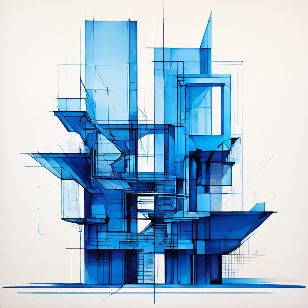 건축 디자인의 대립적 개념인 기하학적 구조와 유기적 형태가 충돌하며 파편화되는 추상적인 블루프린트 갈등을 시각화한 이미지입니다.
