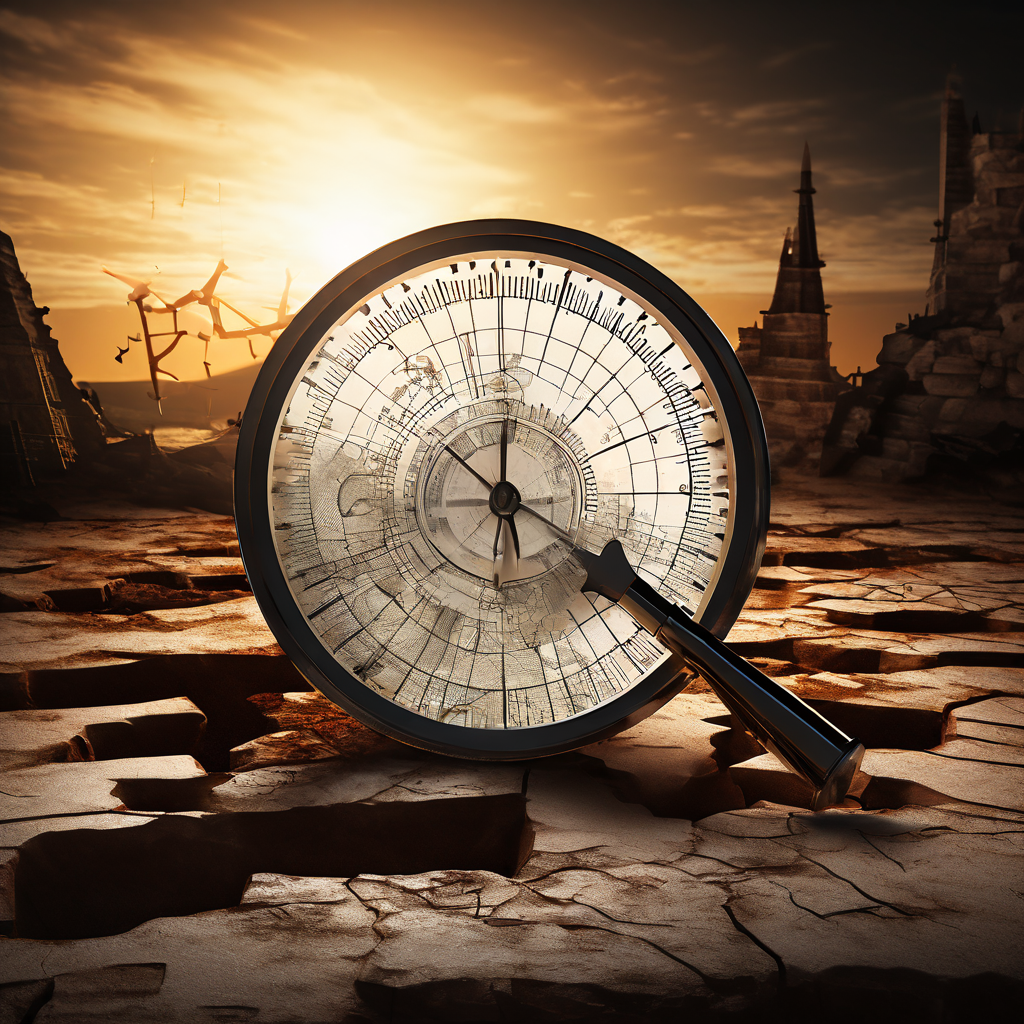 금융 시장 붕괴나 시스템 위기를 상징하는 이미지로, 확대경 아래 균열이 간 기초 위로 차트와 톱니바퀴가 심연으로 추락하는 모습을 표현하고 있습니다.