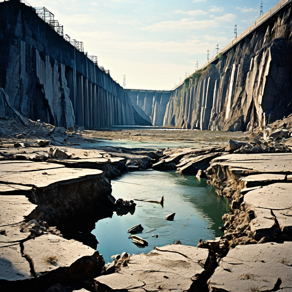 위험한 균열이 가득한 붕괴 직전의 댐 구조물이 심각한 재난을 예고하며 물이 새어나오는 모습을 보여주는 이미지입니다.